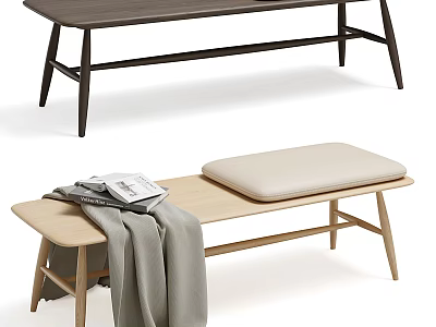 Light Wood Sofa Bench With Beige Cushion Magazine And Gray Blanket In Modern Interior 3d model