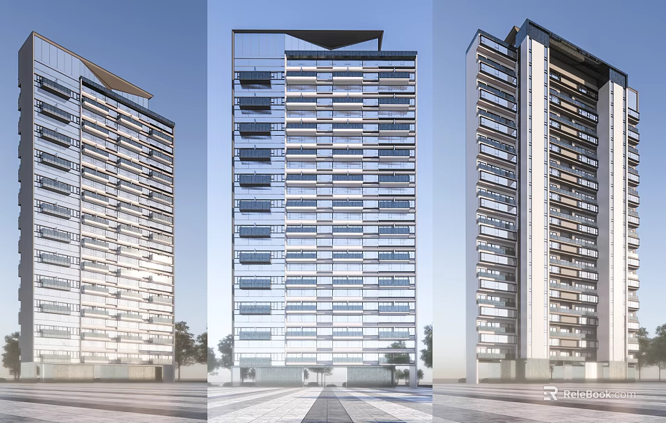 Modern High Rise Residential Buildings Exterior View With Glass Facade And Balcony Design 3d model 