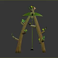 Outdoor Wooden Frame Swing With Green Seat Decorative Flowers And Birds