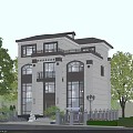 Modern Chinese Style Two Story Detached Villa With Arched Windows Brown Roof And Green Plants