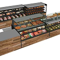 Modern Retail Display Shelves with Glass Doors Wooden Frames and Multiple Food Layers