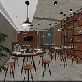 Modern Restaurant Interior With Wooden Tables Bar Stools Pendant Lights Green Plants And Decorative Shelves