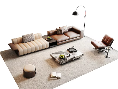 Modern Sofa and Coffee Table Set with Beige Brown Leather Marble Top Floor Lamp and Accent Chair 3d model