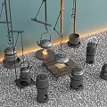 Black Teapots Hanging Over Wooden Platform With Fire On Gravel Ground