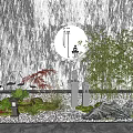 Modern Zen Courtyard Garden With Circular Lit Gate Bamboo Plants Crane Statues And Rock Formations