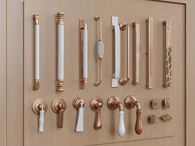 Various Modern Cabinet Handles In Gold Copper And White Designs For Furniture 3d model