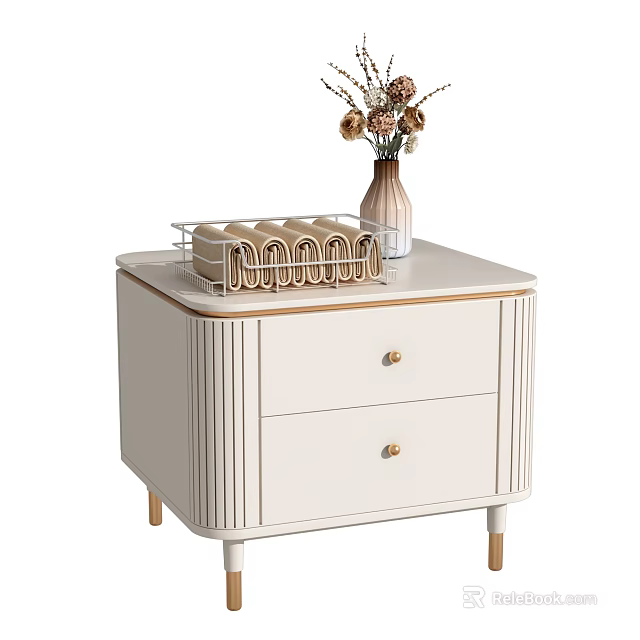 White Entryway Cabinet Sidetable With Drawers Gold Knobs Ribbed Design Top Vase Dried Flowers Decor 3d model 