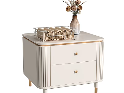 White Entryway Cabinet Sidetable With Drawers Gold Knobs Ribbed Design Top Vase Dried Flowers Decor 3d model