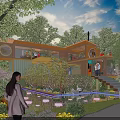 Modern Container Building Surrounded by Trees Water Pond and Lighting with People Nearby