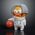 Doll With Gray Hair Yellow Face Big Eyes Red Cheeks In White Spacesuit Holding Basketball