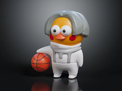 Doll With Gray Hair Yellow Face Big Eyes Red Cheeks In White Spacesuit Holding Basketball 3d model