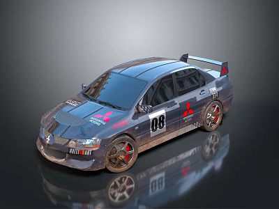 Muddy Off Road Racing Car With Number 08 Red Rims And Mitsubishi Badge 3d model