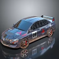 Muddy Off Road Racing Car With Number 08 Red Rims And Mitsubishi Badge