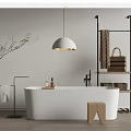 Minimalist White Freestanding Bathtub With Pendant Light Green Plant And Wooden Stool