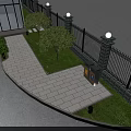 Parking Area Landscape Design With Cars Fence Lamp Posts Trees Shrubs And Paved Path