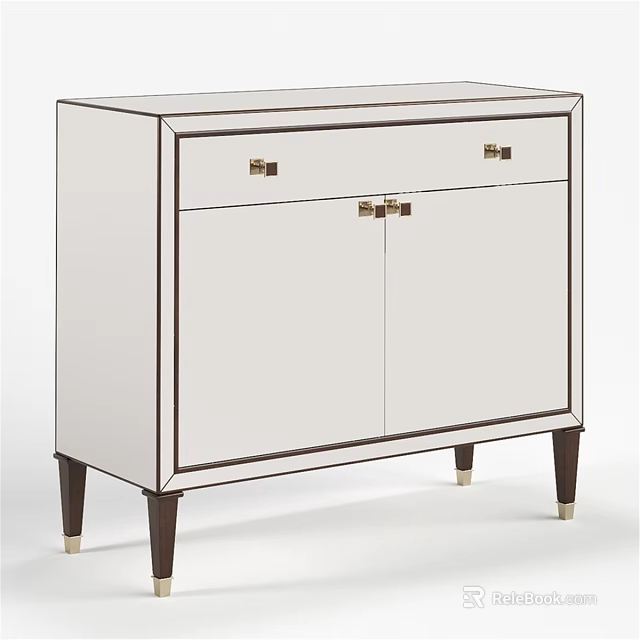 Modern White Dresser With Two Drawers Cabinet Doors Gold Handles Dark Trim And Legs 3d model 