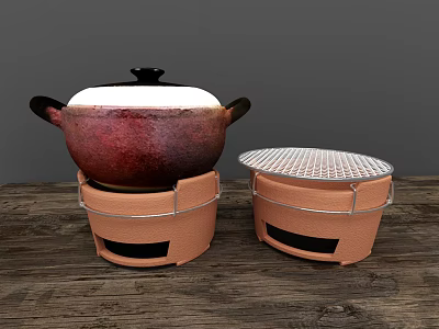 Reddish Brown Pot With White Lid And Orange Stove With Grill Lid Kitchenware 3d model