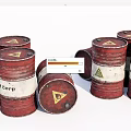 Multiple Red Industrial Equipment Barrels With Corp Label And Warning Signs