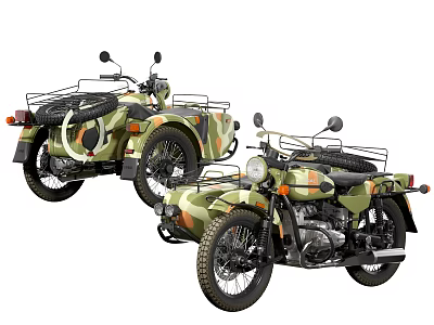 Camouflage Military Style Motorcycle With Sidecar Luggage Rack Black Seats And Headlight 3d model