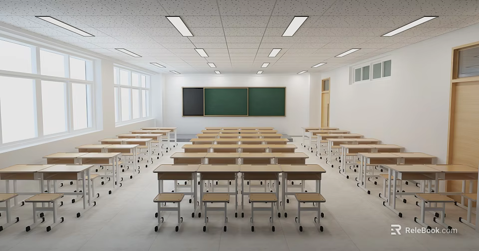 School Classroom With Rows Of Desks And Chalkboards 3d model 