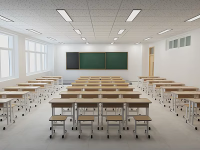 School Classroom With Rows Of Desks And Chalkboards 3d model