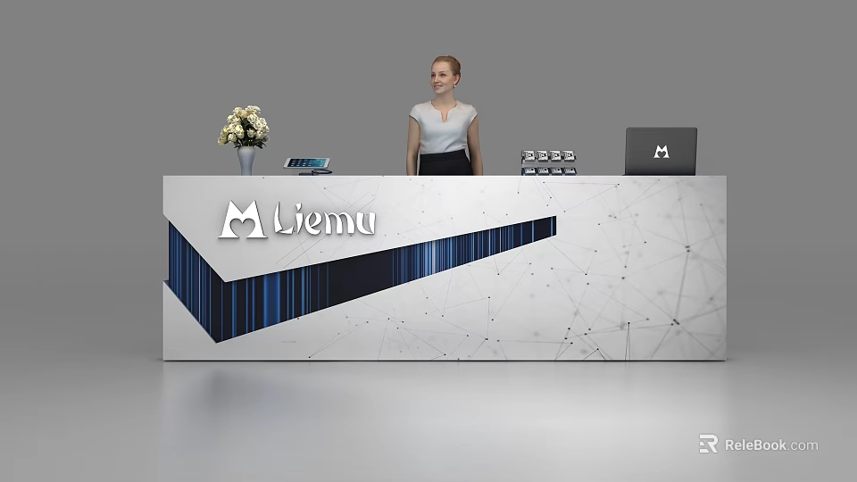 Modern Liemu Reception Desk With Receptionist Flower Arrangement Tablet Laptop And Blue Stripes 3d model 