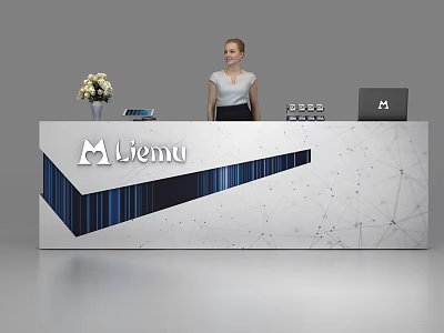Modern Liemu Reception Desk With Receptionist Flower Arrangement Tablet Laptop And Blue Stripes 3d model