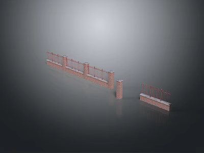 Rustic Scenery With Red Brick Fence Iron Railings Broken Section Gray Background Reflection 3d model