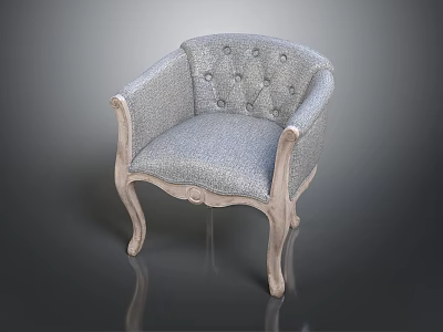 Gray Upholstered Accent Chair With Button Tufted Back And Carved Wooden Legs 3d model