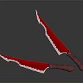 Pair of Red Serrated Bladed Knives With Sharp Edges And Red Handles