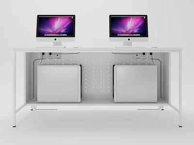 Modern Office Desk Combination With Two Computer Monitors And White Towers 3d model