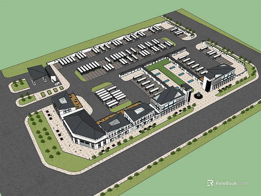 Commercial Architectural Plan With Multiple Buildings Parking Lots And Road Layout 3d model 