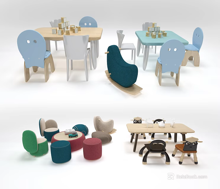 Colorful Wooden Children's Table With Blue White Green Chairs And Stools 3d model 