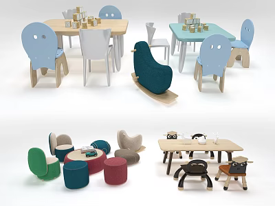 Colorful Wooden Children's Table With Blue White Green Chairs And Stools 3d model