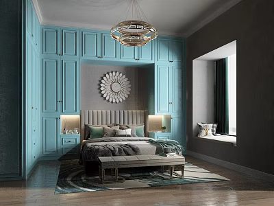 Light Blue Kitchen Cabinets With Modern Appliances And Decorative Chandelier 3d model