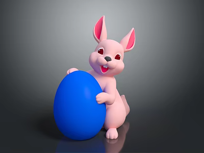 Cute Pink Rabbit Sitting And Holding Big Blue Egg On Gray Background 3d model
