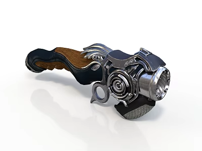 Steampunk Inspired Metallic Device With Wooden Handle And Gear Knob Details 3d model
