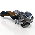 Steampunk Inspired Metallic Device With Wooden Handle And Gear Knob Details