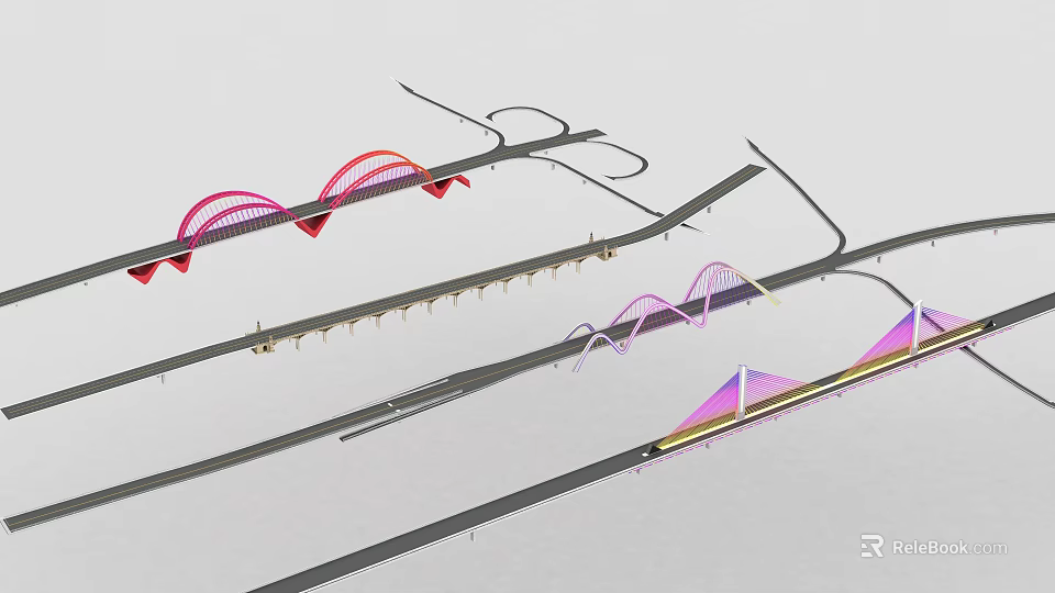 Modern Bridge Architectural Design With Multiple Arch Structures And Colorful Red Purple Pink Elements 3d model