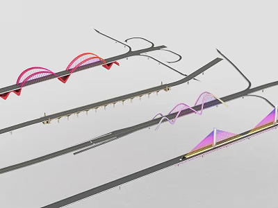 Modern Bridge Architectural Design With Multiple Arch Structures And Colorful Red Purple Pink Elements 3d model