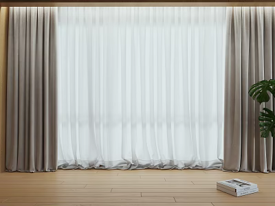 Gray And White Double Layer Curtains With Sheer Panels In Modern Wooden Room 3d model