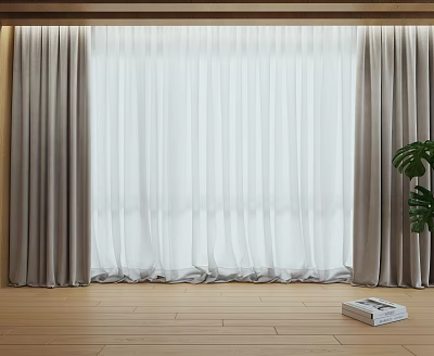 Gray And White Double Layer Curtains With Sheer Panels In Modern Wooden Room 3d model