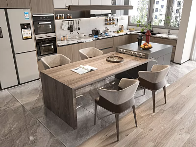 Modern Dining Table Set With Wooden Top And Four Chairs In Kitchen Interior 3d model