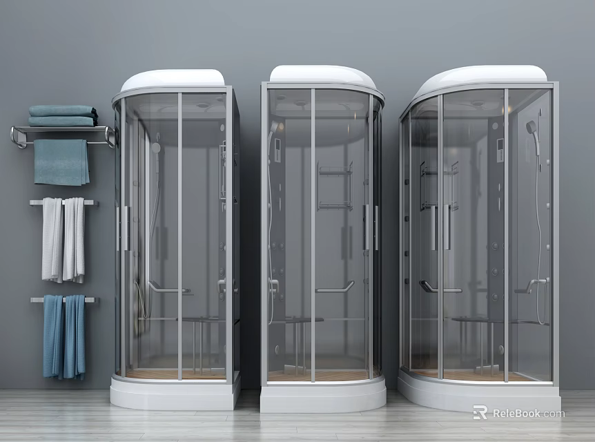 Modern Shower Sauna Enclosures With Glass Doors Towel Racks And Gray Background Design 3d model 