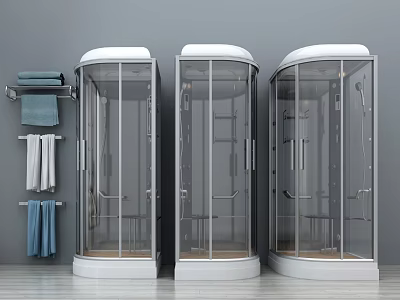 Modern Shower Sauna Enclosures With Glass Doors Towel Racks And Gray Background Design 3d model