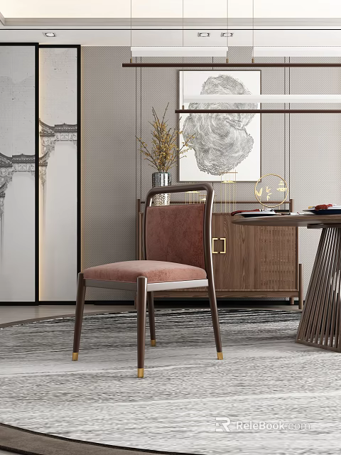 Elegant Chinese Dining Chair With Wooden Frame And Pink Cushion In Interior With Decorative Painting 3d model 