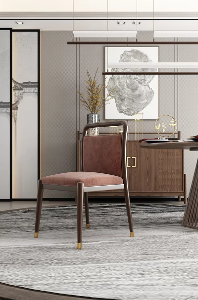 Elegant Chinese Dining Chair With Wooden Frame And Pink Cushion In Interior With Decorative Painting 3d model