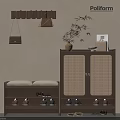 Modern Wooden Shoe Cabinet with Double Woven Doors Bench and Wall Hooks