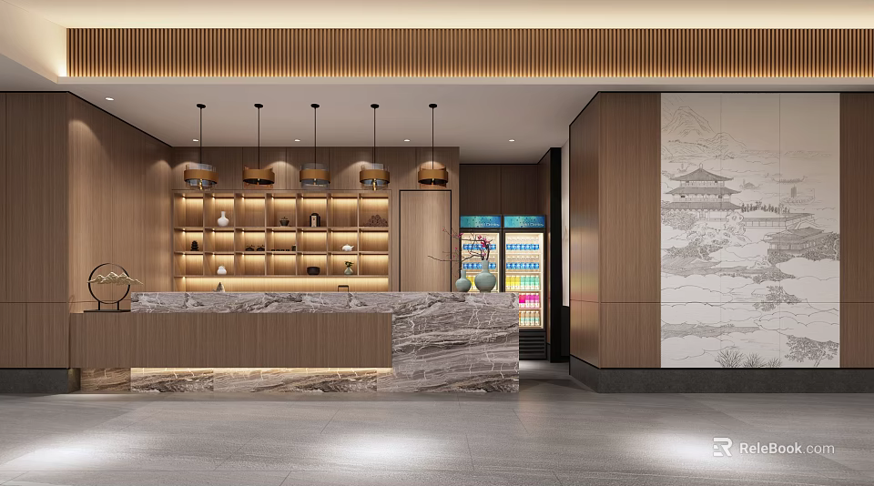 Wooden Reception Area Interior With Marble Counter Display Shelves Chandeliers And Landscape Painting 3d model 