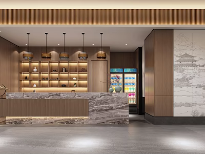 Wooden Reception Area Interior With Marble Counter Display Shelves Chandeliers And Landscape Painting 3d model